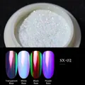 Nail art chrome powder SX-02 shown on clear, white, black and purple base colors - Shell Neon Powder SX-02