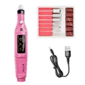 Dettaglio del kit fresa per unghie USB rosa con sei punte in metallo e nastri abrasivi - Rosa