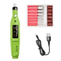 Detailed USB portable nail drill kit with green handpiece, metal bits, and sanding bands - Green