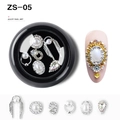 ZS-05 alloy nail art set featuring silver bowties, pearls, and rhinestones in a round box - Silver Pearl Rhinestone Combination Style (ZS-05)