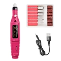 Detailed set of portable USB nail drill with metal bits and sanding bands in rose red - Rose Red