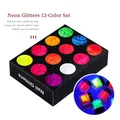 Set van 12 kleuren fluorescerende nagelglitters in zwarte doosjes met neon-effecten - Fluorescerend Poeder 12 Kleuren Set