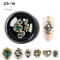 Alloy nail art charm set with green rhinestones and pearls in a black round case - Retro Pearl Green Gem Style (ZS-14)