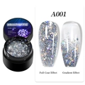 Dettaglio del gel per unghie glitter argento A001 con texture scintillante ed effetti - Argento Lucido (A01)