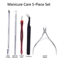 5-piece stainless steel manicure set with nail pusher, nipper, and black tweezers - 5-Piece Manicure Care Set (Silver)