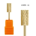 Macro detail of alloy nail drill bit OMW-11 with precision cross-cut texture and orange base - Gold Cross Pattern Pointed Bit (OMW-11)
