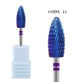Macro detail of OMW-14 tungsten carbide nail drill bit with rainbow coating and spiral texture - Blue Iridescent Spiral Cone Bit (OMW-14)