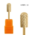 Macro detail of OMW-15 gold alloy nail drill bit with cross-cut texture and orange base - Gold Round Head Cylinder Bit (OMW-15)