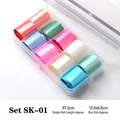 Set di 10 fogli per nail art laser colorati contenuti in una scatola di plastica chiara - Foglio Metallico Colorato (SK-01) / 97.5cm/10 Rotoli