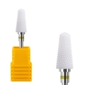 Dettaglio macro della punta per fresa in ceramica a fiamma con base di sicurezza gialla - Forma a Fiamma Media (HD-01)