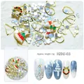 Christmas nail art charms kit with bells, wreaths and gold alloy studs in round box - Christmas Wreath Gold Style (HZHJ-03)
