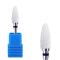 Détail de l'embout de ponceuse à ongles en céramique blanche avec support bleu et tige inox - Embout Maïs à Coupe Fine (HD-10)