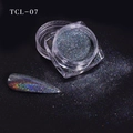Holographic laser silver nail glitter powder in a jar with almond nail display - Holographic Silver (TCL-07)