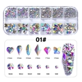 Caja de 12 rejillas de diamantes AB para nail art con gemas de cristal planas - Estilo 01# (AB Aurora Formas Mixtas + Diamantes de Imitación Redondos de Espalda Plana Multitalla)