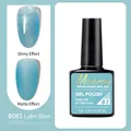 Luminous blue glitter gel polish showing glossy and matte finishes for UV LED nails - B061 Lake Light Blue