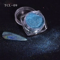 Holographic deep blue nail aurora glitter powder in a square jar with finished nail tip - Holographic Dark Blue (TCL-09)