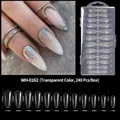 Detailed size chart for clear almond almond-shaped long fake nail tips, 240 pieces per set - Long Stiletto Style (WH-0162) / 240 Count / Clear