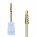 Flame shape gold nail drill bit with cross-cut teeth and white protective base - Hk-03 Grinding Head