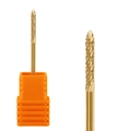 Golden titanium coated nail drill bit with cross-cut teeth and orange base stand - Hk-15 Grinding Head