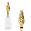 Golden carbide nail drill bit with purple ring indicator and white storage base - Hk-21 Grinding Head