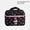 Quilted black makeup bag with pink bow prints and pearl charm, 22.5x15x15cm - Black Pink Bow Bucket Bag
