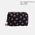 Zwarte gewatteerde make-uptas met roze strikjes en parelhanger, maat 17x9x9cm - Zwart Roze Strik Pillow Bag