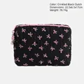 Quilted black makeup bag with pink bow patterns and pearl charm 22.5x6.5x17cm - Black/Pink Bow Octagonal Clutch