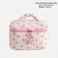 Pink quilted bow cosmetic bag with heart patterns and pearl bow pendant charm - Pink White Bow Bucket Bag