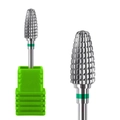 Cone-shaped tungsten carbide nail drill bit with green ring and matching holder base - Hk-47 Grinding Head