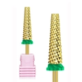 Golden alloy nail drill bit with green dust ring and pink base for gel removal - Hk-84 Grinding Head