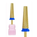 Golden cone nail drill bit with cross texture and blue base for manicure machines - Hk-85 Grinding Head