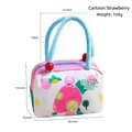 Insulated lunch bag with cartoon strawberry print and dimensions in white, pink, blue - Cartoon Strawberry