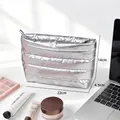 Quilted silver cosmetic bag in rectangular puffer style with zipper 22x14x4.5cm - Silver
