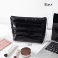 Portable black quilted makeup bag with glossy finish and metal zipper, 22x14x4.5cm - Black