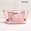 Pink quilted travel makeup bag set with transparent PVC outer pouch and glossy finish - Pink 3-Piece Set