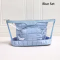Three-piece light blue quilted makeup bag set with clear outer pouch and zipper - Blue 3-Piece Set