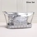 Three-piece silver makeup bag set featuring transparent PVC and quilted metallic PU leather - Silver 3-Piece Set
