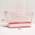 Pink quilted base transparent PVC makeup bag with silver zipper in large size 33x18x10.5cm - Large Hexagon Pink