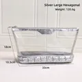 Large silver hex cosmetic bag in transparent PVC with quilted trim, size 33x10.5x18cm - Large Hexagon Silver