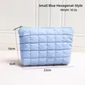 Sky blue checkered glossy makeup bag with silver zipper in 22x16x6cm size - Small Blue Hexagonal Bag