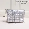 Silver quilted metallic cosmetic bag measuring 22x16x6cm with zipper and glossy finish - Small Hexagon Silver