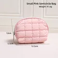Pink glossy quilted half-moon cosmetic bag with silver zipper and grid texture - Small Semi-circle Pink