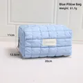 Sky blue quilted nylon makeup bag with MiloBliss logo and dimensional measurement data - Blue Pillow Pouch