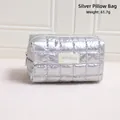 Silver quilted cosmetic bag with handle in portable large capacity travel size - Silver Pillow Bag