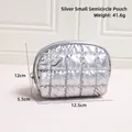 Silver quilted semi-circle cosmetic bag with metallic finish and zipper closure - Small Semi-circle Silver
