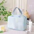 Light blue large capacity mesh cosmetic bag with dual handles for travel storage - Large / Blue