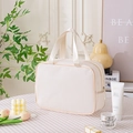 Portable cream white mesh makeup bag with dual handles and large zipper closure - Large / Off White