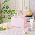 Portable pink mesh makeup bag with large capacity and durable ribbon handles - Medium / Pink