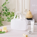 Portable large capacity white mesh cosmetic bag with double zippers and top handle - Medium / White