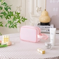 Portable pink mesh makeup bag with handle for travel and cosmetic storage - Small / Pink